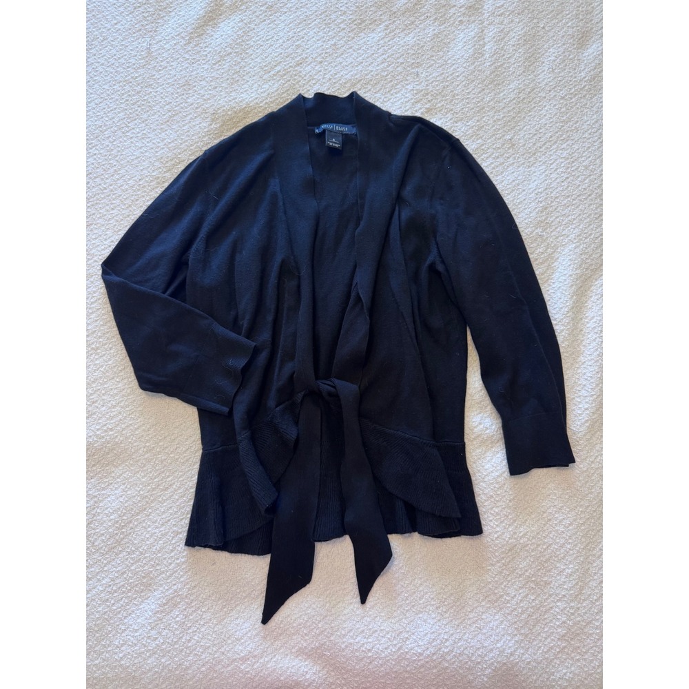 White House Black Market Black Tie Front Ruffle Hem Cardigan Sweater Small